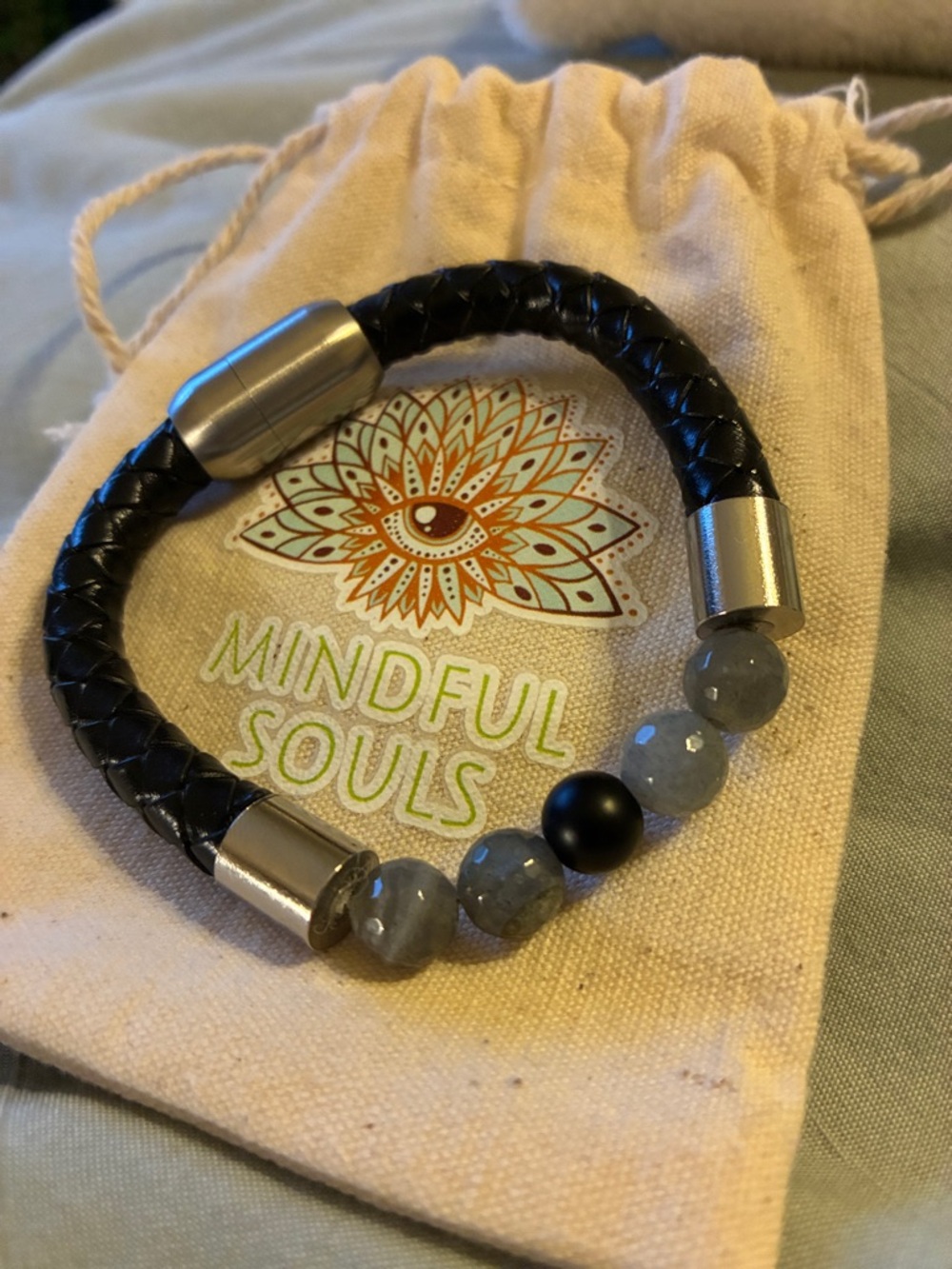 BOGO FREE -Black Braided Leather Bracelet with Labradorite & a Black Accent Bead